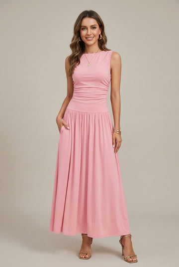 Women's Sleeveless Round Neck Ruched Waist Maxi Dress