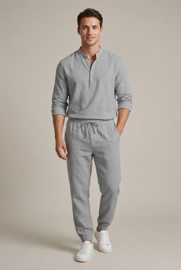 Men's Linen Blend Two-Piece Set - Long Sleeve Button Shirt - Trousers