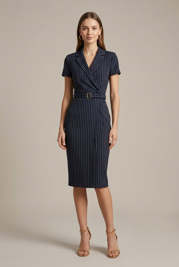 Women's Striped Notched Lapel Belted Pencil Midi Dress