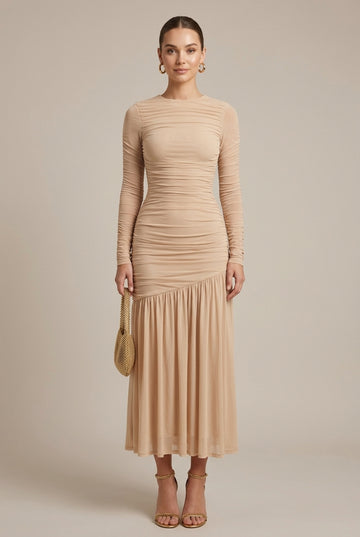 Women's Ruched Drop Waist Maxi Dress - Long Sleeve