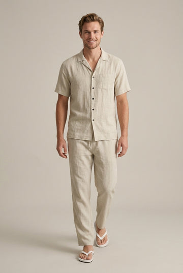 Men's Linen Two Piece Set - Short Sleeve Single Button Shirt - Long Trousers