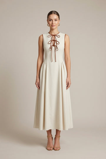 Women's Off White Drop Waist A-Line Maxi Dress - Bow Tie Detail