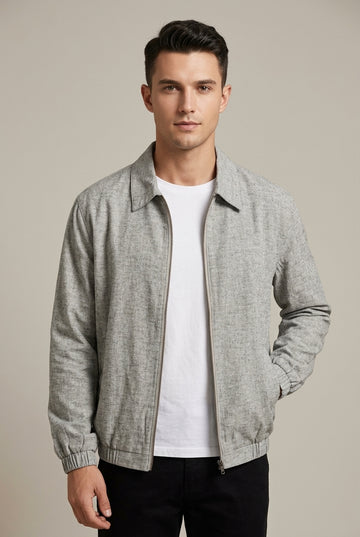 Men's Cotton Linen Blend Zip-Up Collared Bomber Jacket