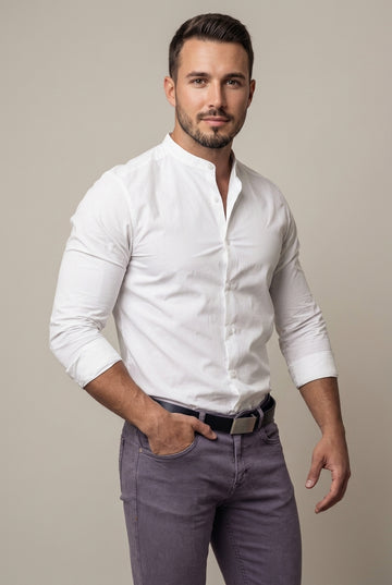 Men's Slim Fit Band Collar Long Sleeve Button-Down Shirt
