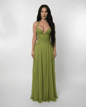 Women's Halter Neck Maxi Dress - Lace-Up Back - Pleated Skirt