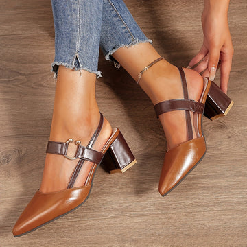 Women's Block Heel Slingback Court Shoes - Pointed Toe Two-Tone Heels with Contrast Vamp Strap and Gold Ring