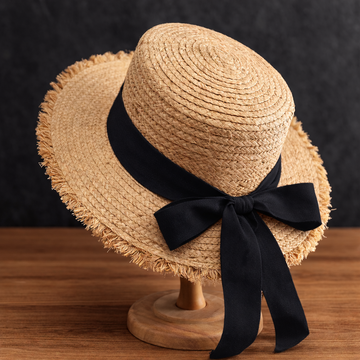 Women's Woven Straw Wide Brim Hat - Frayed Edge - Ribbon Bow