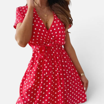 Women's Polka Dot Wrap Short Sleeve Mini Dress