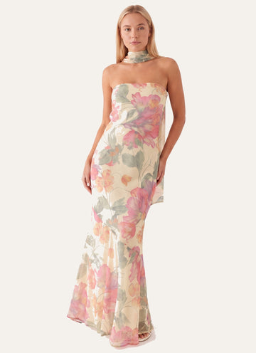 Women's Strapless Floral Print Maxi Dress - Bandeau Bodycon