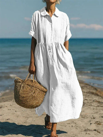 Women's Linen Maxi Shirt Dress Pintuck