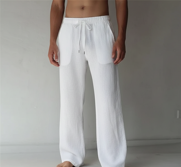 Men's Linen Wide Leg Trousers - Elastic Waist Drawstring Pants
