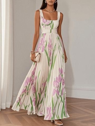 Women's Floral Print Square Neck Sleeveless Pleated Maxi Dress